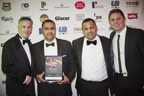 L-r: Bestway sales director Tony Holmes with store owners Pinda and Paul Cheema and Nisa regional retail manager Andrew Rutter
