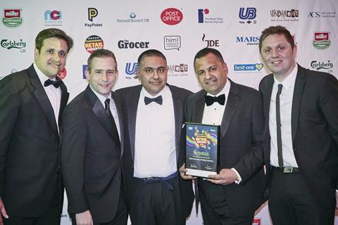 L-r: Pernod Ricard impulse channel director James Middleton, Nisa's Tom Clarke, store owners Paul and Pinda Cheema, and Nisa's Andrew Rutter 