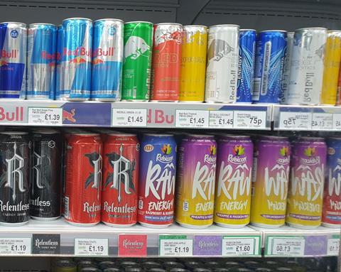 Flavoured energy drinks on shelf