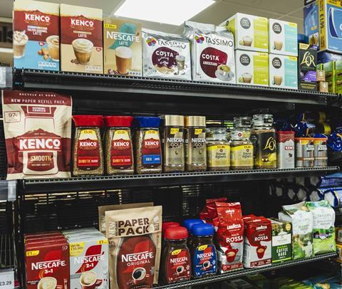 Coffee display on convenience store shelf
