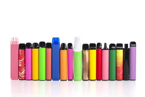 Coloured disposable vapes lined up