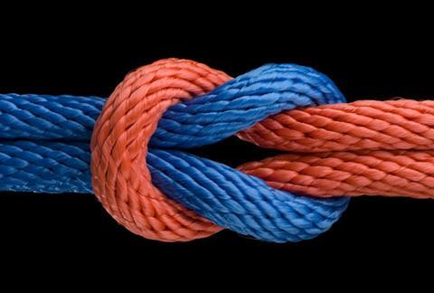 Red and blue ropes tied in a reef knot supporting each other