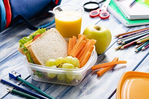 A packed lunch alongside stationery items