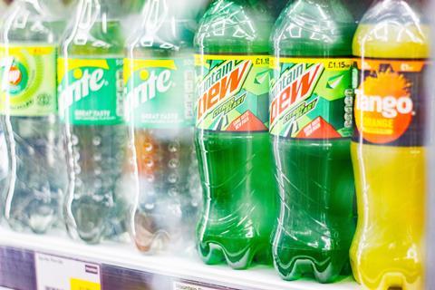 Bottled soft drinks in a row