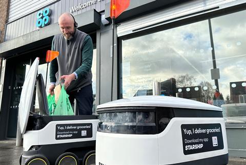 Starship robot at Co-op in Sale in Greater Manchester