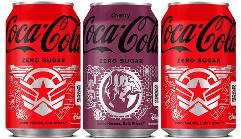 Coca Cola Zero Sugar and Cherry Zero Sugar Marvel cans