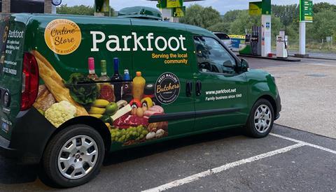 FT retailer Parkfoot Garage online shopping van on forecourt