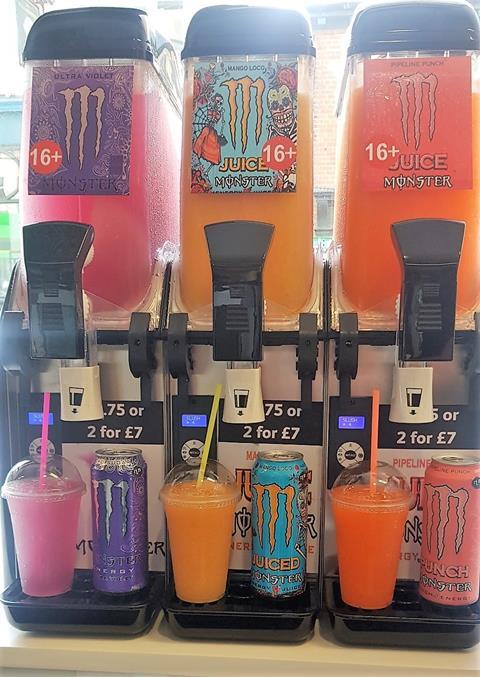 Three brightly coloured Monster slush flavours