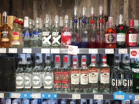 Vodkas on display in store
