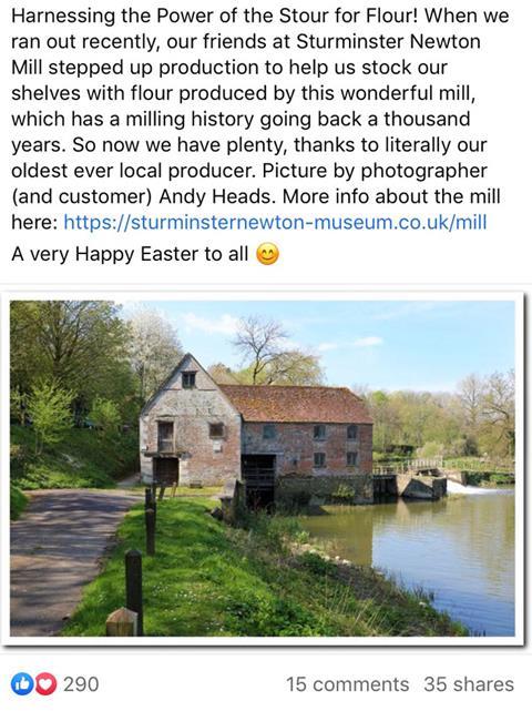 Facebook post regarding the store using flour from an ancient mill