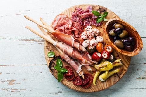 A plate of anti-pasti with olives, chillies and cooked meats